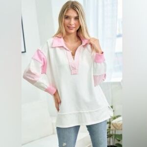 Collared Knit Top with Stripe Sleeve Detail